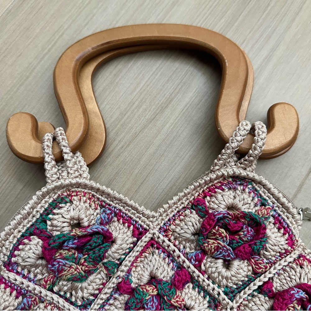 Ricardo Beverly Hills Handbag Woven W/ Wood Handles Lined Zip Floral Purse RARE - Picture 4 of 16